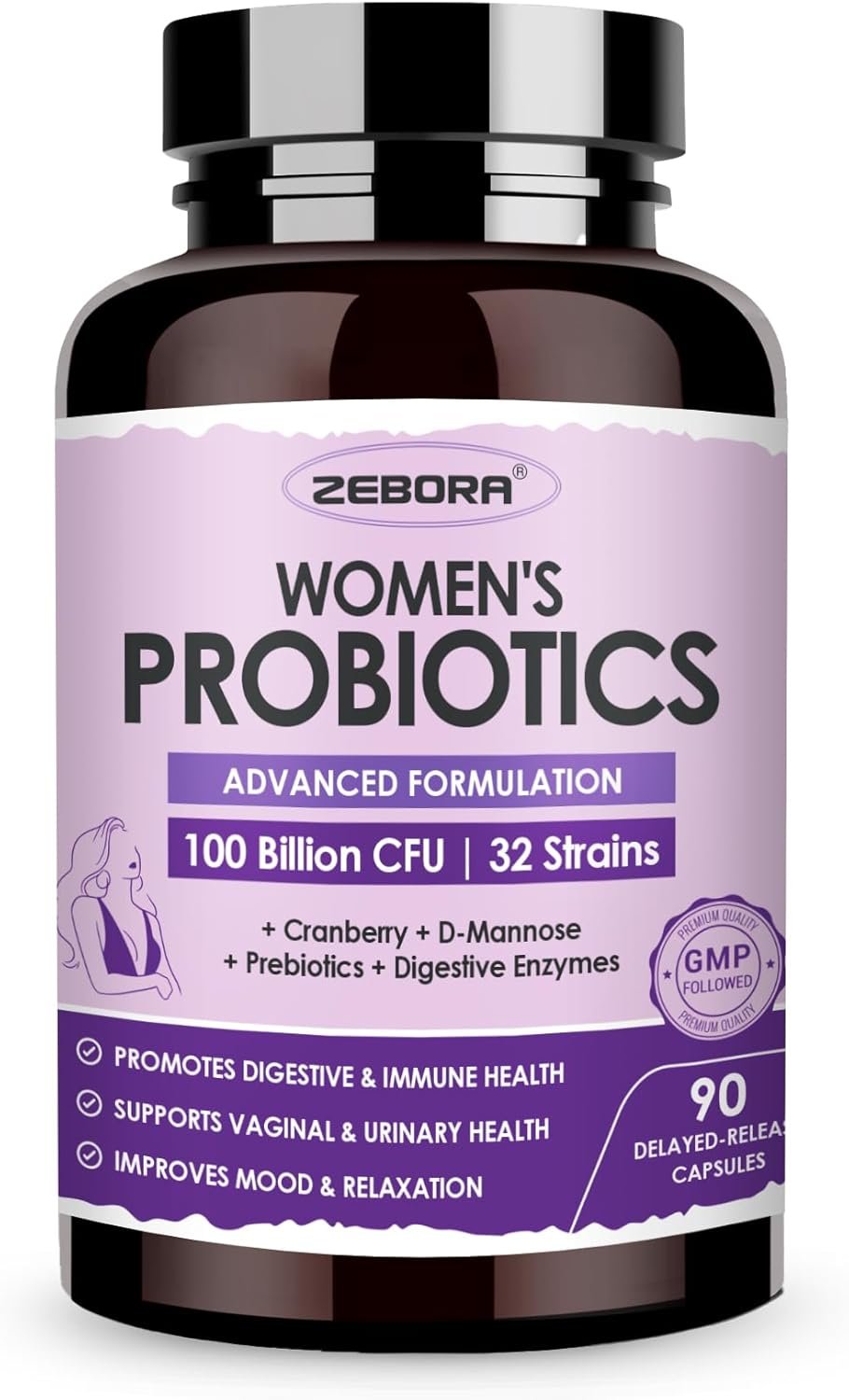 ZEBORA Probiotics for Women Digestive Health with Enzymes Prebiotics 100 Billion CFUs| Vaginal Probiotics with D Mannose Cranberry | Urinary Tract Health | Immune Support, 90 Capsules