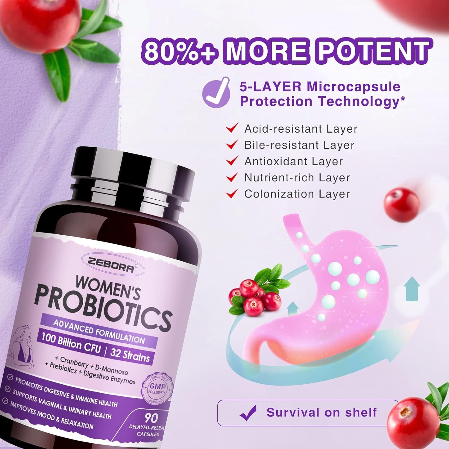 ZEBORA Probiotics for Women Digestive Health with Enzymes Prebiotics 100 Billion CFUs| Vaginal Probiotics with D Mannose Cranberry | Urinary Tract Health | Immune Support, 90 Capsules